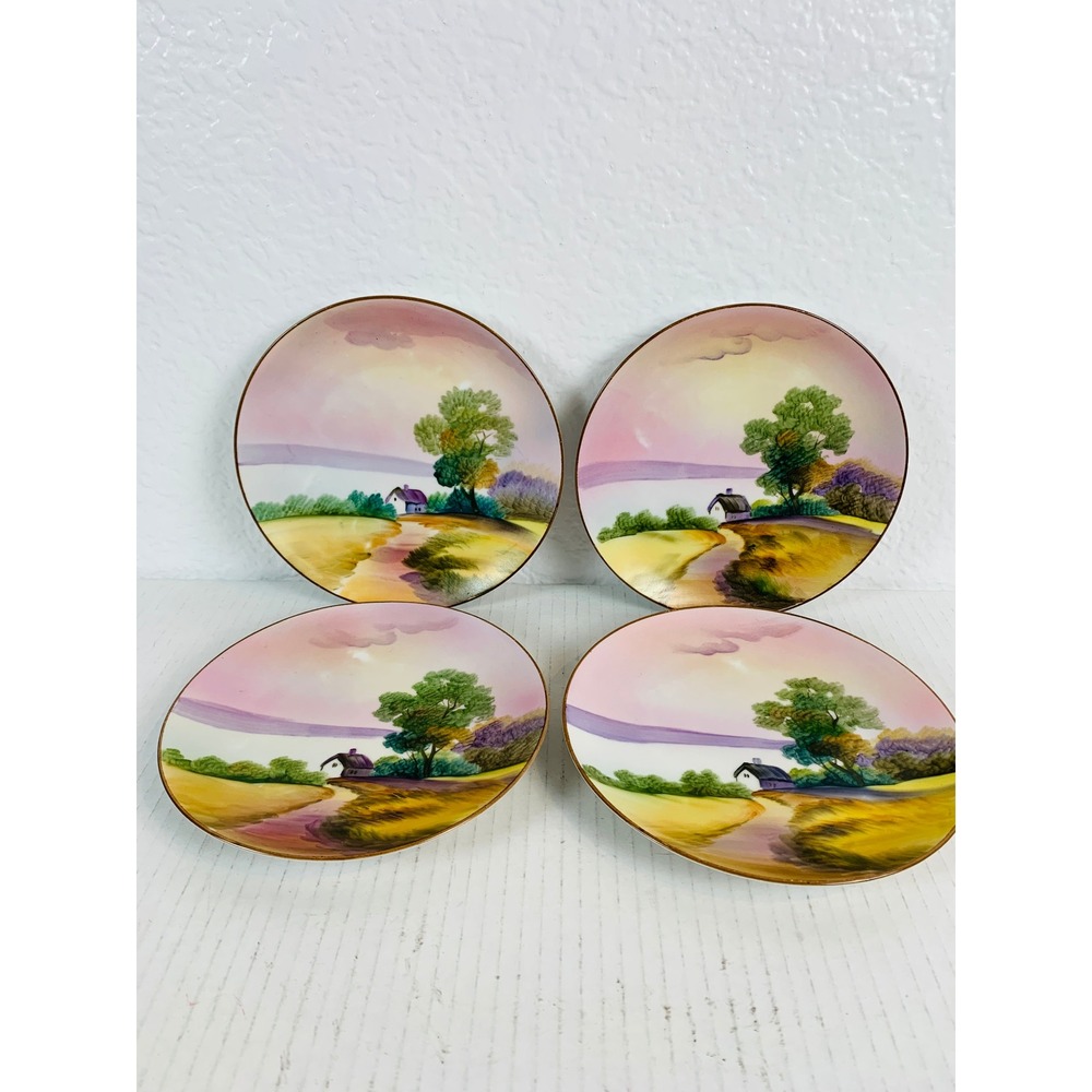 Nippon Bread Plates 6.25" Pink Vintage Hand Painted Landscape Set of 4 Cottage